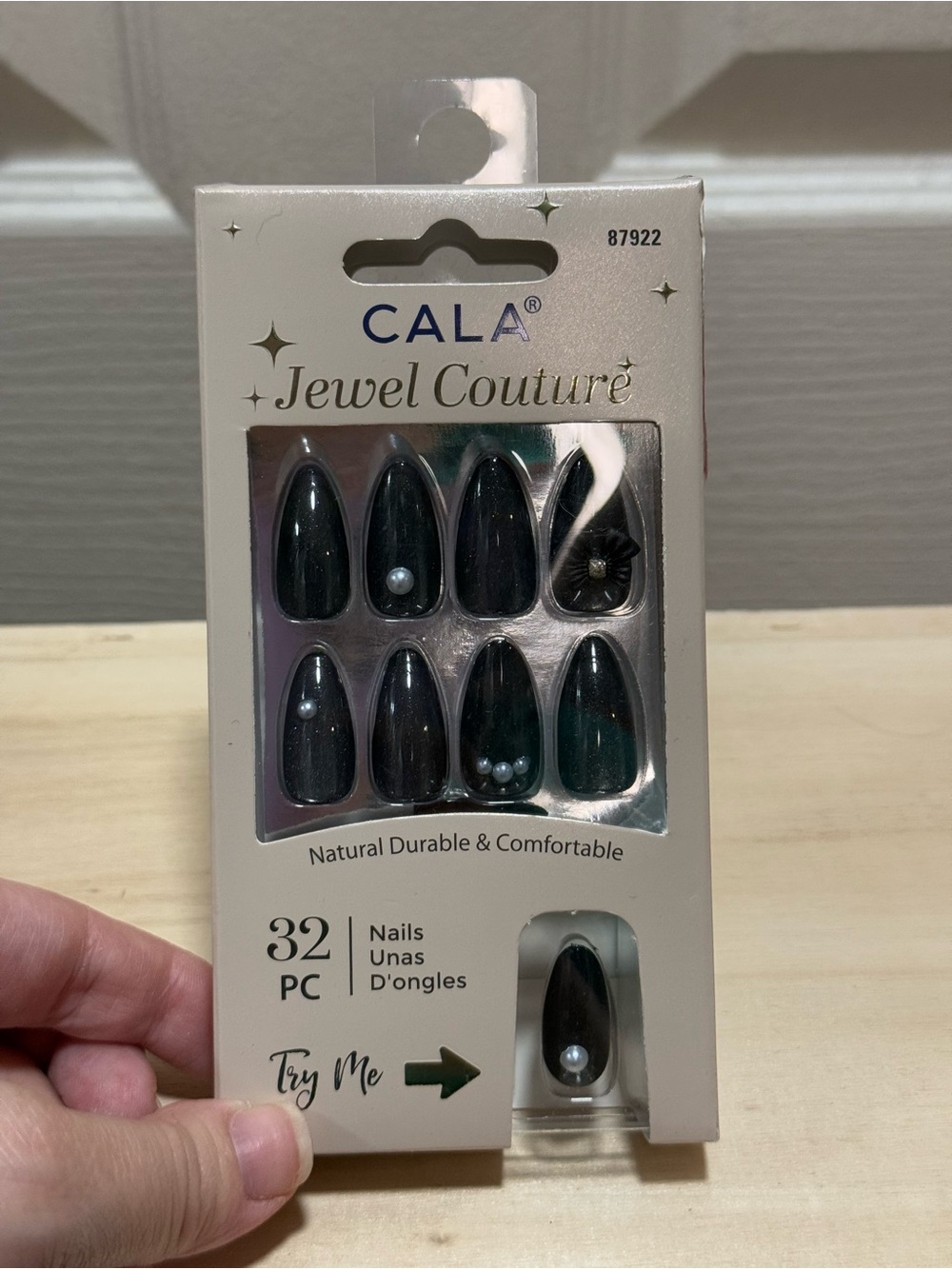 CALA Jewel Couture Black glitter Press-On Nails with Pearl Accents. New
